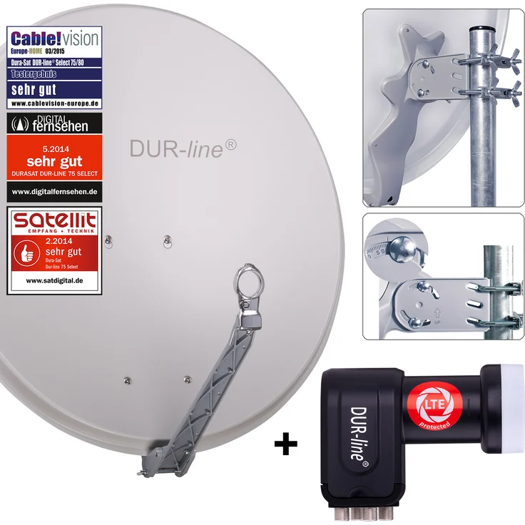 DUR-line 4 Teilnehmer Set - Qualitäts-Alu-Satelliten-Komplettanlage - Select 75cm/80cm Spiegel/Schüssel Hellgrau + Quad LNB - für 4 Receiver/TV [Neuste Technik, DVB-S2, 4K, 3D] – Bild 1
