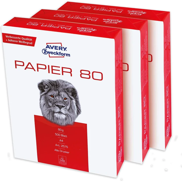 Avery Zweckform 2575 Druckerpapier, Kopierpapier (1.500 Blatt, 80 g-m², DIN A4 Papier, weiß, für alle Drucker) 1 Box mit 3 Pack