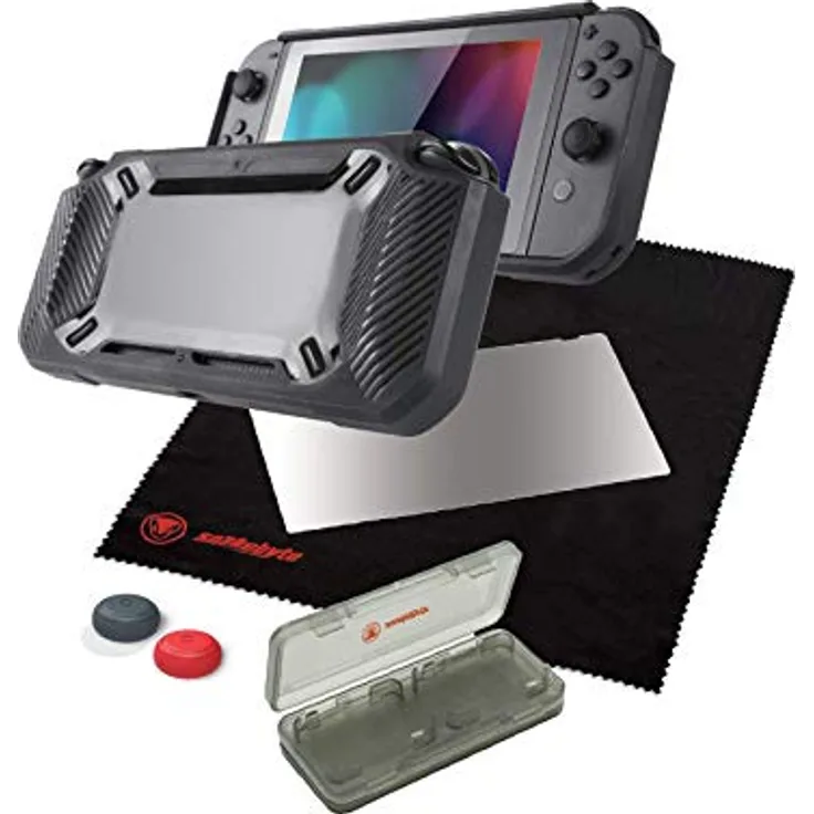 snakebyte Switch TOUGH:KIT - schwarz - harte Schutzhülle - H9 Glas - Screen Protector - Reinigungstuch - Analog Control Caps - Tough Case - Game Case - für Nintendo Switch