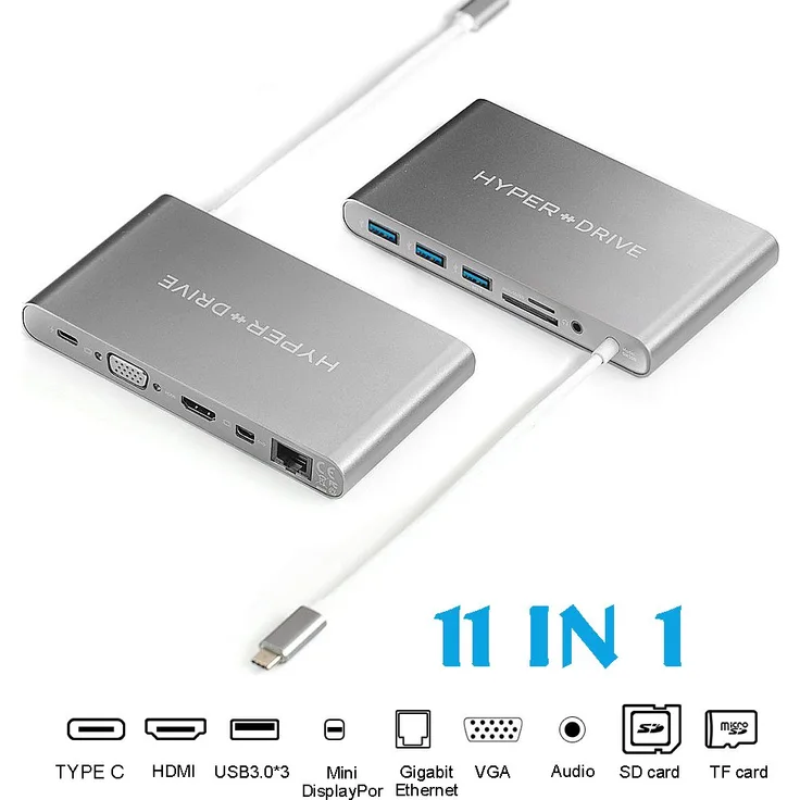 Hyperdrive Ultimate Macbook& PC USB-C HUB - 11in1 Multiport [USBC, VGA, HDMI, Ethernet, Micro SD-SD, Mini DisplayPort, 3x USB 3.1, Audio] Space Gray