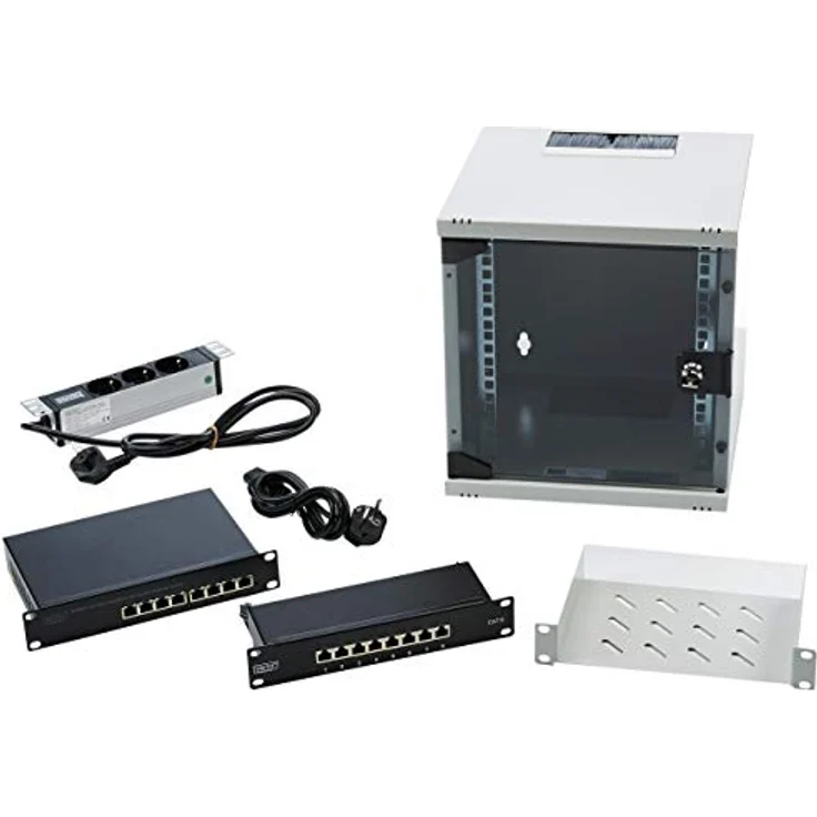 DIGITUS 10-Zoll Set - Netzwerk-Schrank 6HE - Fachboden - Steckdosenleiste - 8-Port Patch-Panel - 8-Port Gigabit-Switch – Bild 1