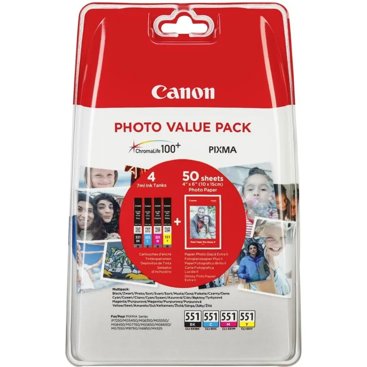 CANON CLI-551 Vorteilspack Blister 4x6 Foto Papier PP-201 50 Blatt + Cyan Magenta Gelb & Schwarz Tintentanks