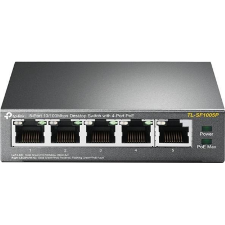 TP-Link TL-SF1005P 5-Port Fast Ethernet PoE Switch (5 Anschlüsse mit 10-100Mbit-s, 4 davon mit PoE-Unterstützung, 58 Watt, geschirmte RJ-45 Ports, Plug-and-Play Installation, lüfterlos) schwarz