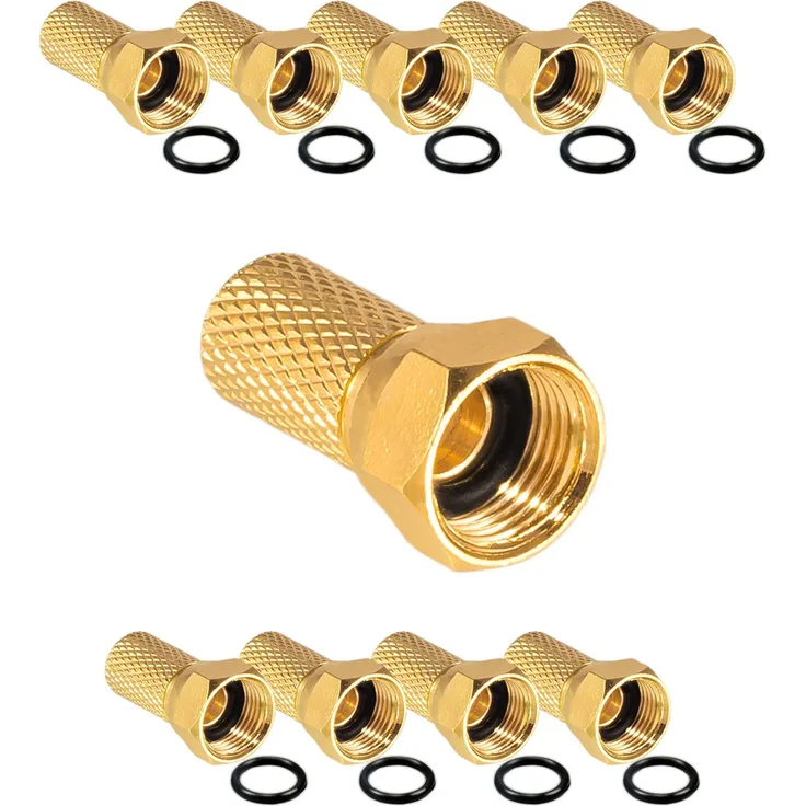 10x F-Stecker 7mm Vergoldet mit Gummidichtung breite Mutter für Koaxial Antennenkabel Sat Kabel BK Anlagen HB-Digital