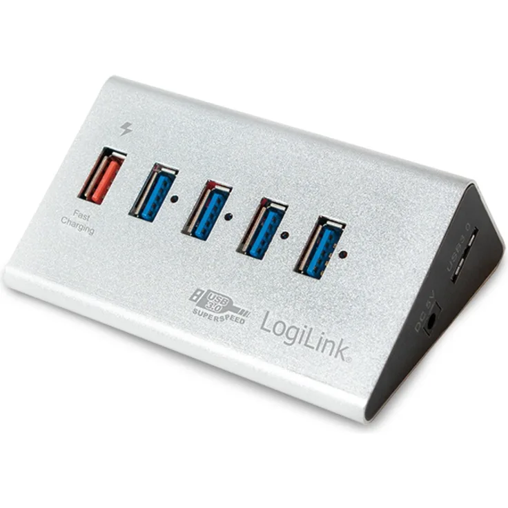 LogiLink UA0227 USB 3.0 Hub 4-Port + 1x Schnell-Ladeport mit Smart IC - LED Anzeige - Überspannungsschutz, für Windows & MAC OS