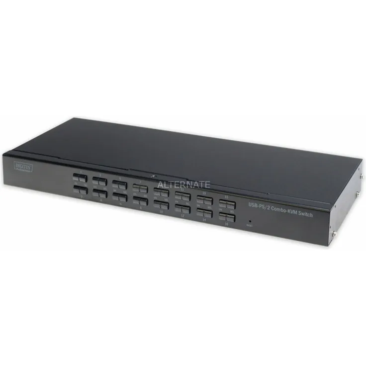 DIGITUS 16-Port Combo KVM Switch, USB & PS-2, 19'' Rackmontage, optionales IP-Modul, Tastatur- & Maus-Emulation, Schwarz