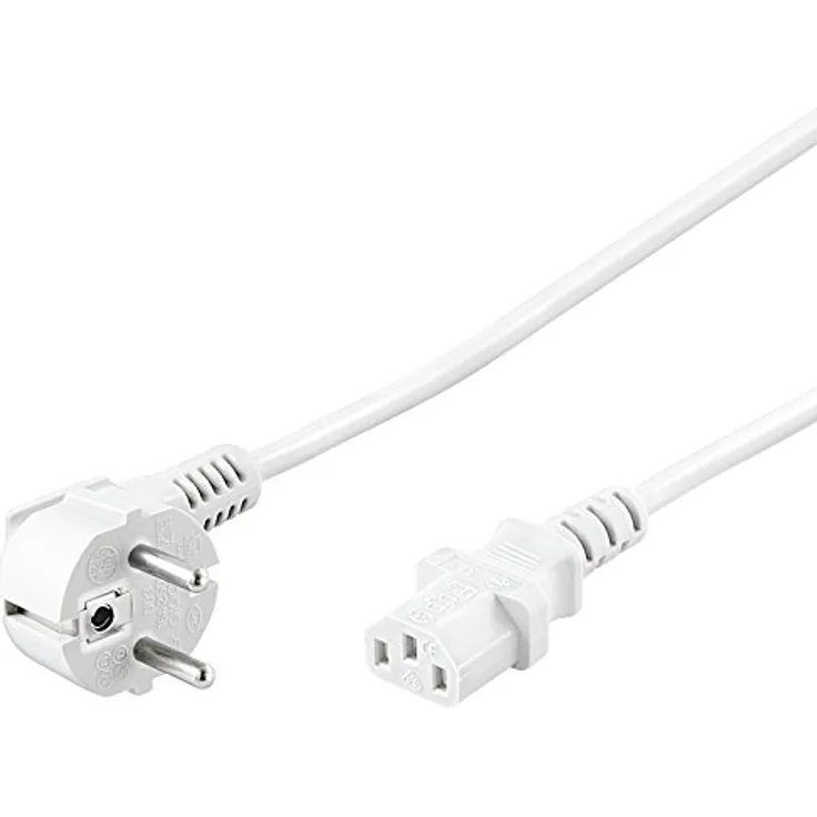 PremiumCord Netzkabel 230V 2m, Stromkabel mit Schutzkontakt gewinkelt auf Kaltgerätebuchse C13, IEC 320, PC Netzkabel 3 Polig, Farbe weiß