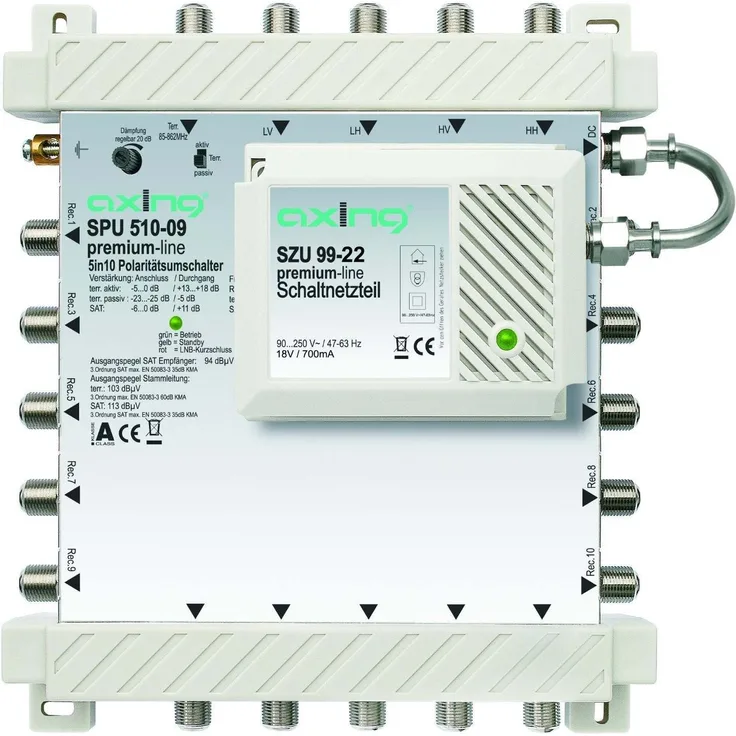Axing SPU 510-09 SAT-Multischalter 10 Teilnehmer Premium-Line erweiterbar aktiv Quad-tauglich energiesparend (5 x 10)
