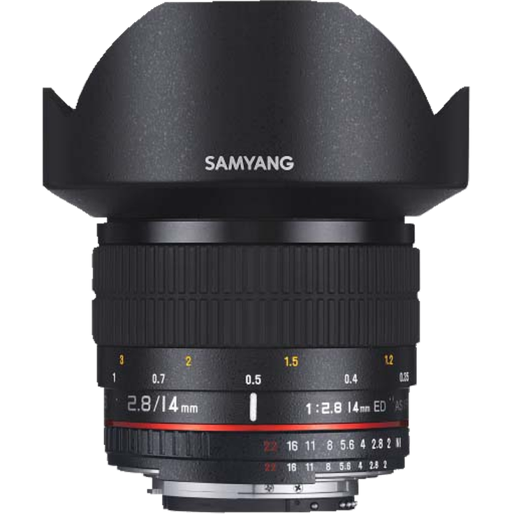 Samyang F2.8-14 mm Objektiv DSLR Canon EF manueller Fokus Fotoobjektiv (angebaute Sonnenblende) Weitwinkelobjektiv schwarz – Bild 1