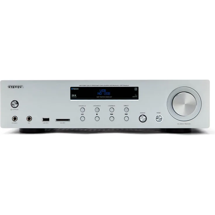 Aiwa AMU-120BTSR Vollverstärker, AV-Empfänger, mit Bluetooth 5.0, 120 W, USB-Anschluss, SD-Kartenleser, silber