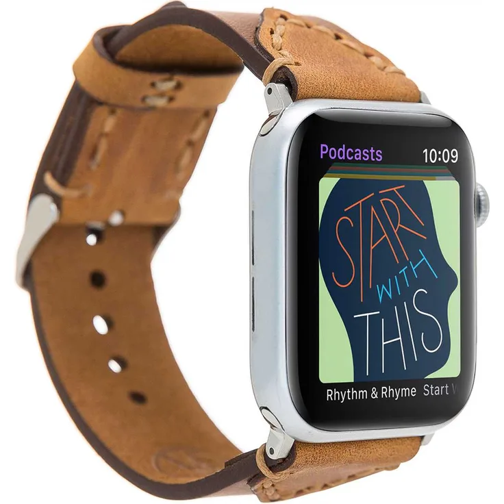 Burkley Apple Watch Leder Armband in Antik Coffee Ersatz-Armband in 42-44mm (VA14-G2-G8) + Adapter in Silber