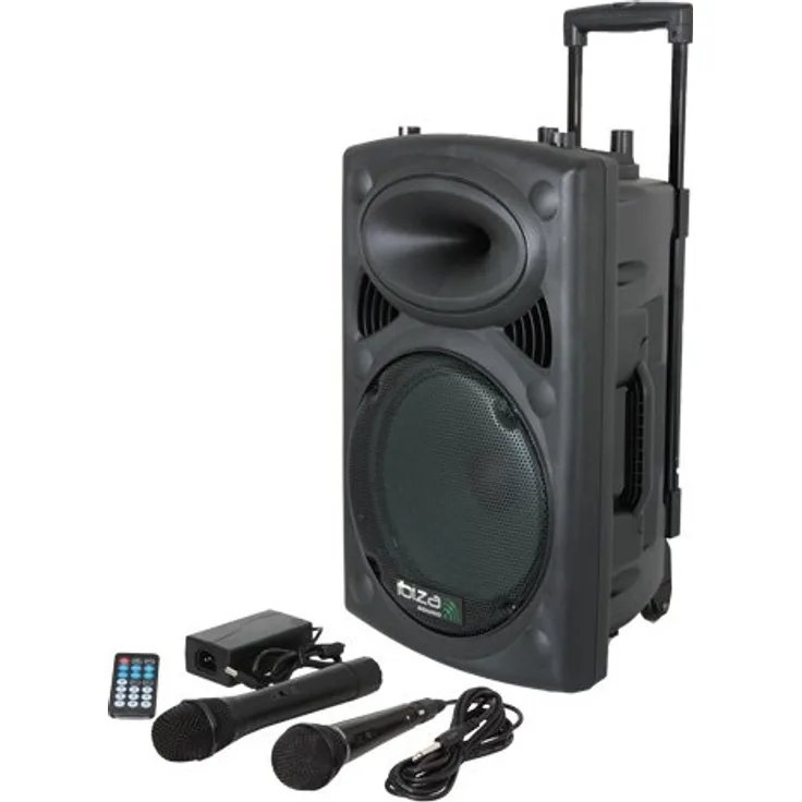 Ibiza Port8VHF-N DJ PA Karaoke Anlage mobile PA-Box Lautsprecherbox (Akku-Betrieb, Trolley, Mp3-fähige USB-SD-Slots, 400W, Fernbedienung, 2x Mikrofon) schwarz