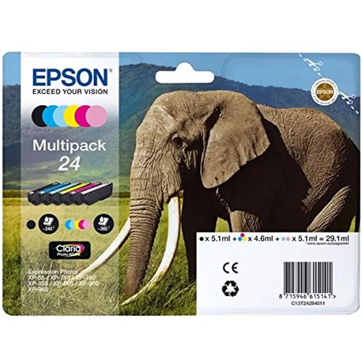 Epson Original 24 Tinte Elefant (XP-750 XP-850 XP-950 XP-55 XP-760 XP-860 XP-960 XP-970) Multipack 6-farbig