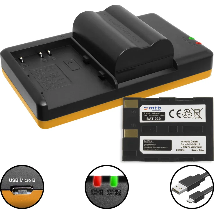 2x Akku + Dual-Ladegerät (USB) NP-400 für Minolta A1, A2, 5D, 7D / Pentax K10D, K20D / Samsung GX-10, 20 / Sigma SD1 (Merril), SD 14, SD15 … s.Liste - inkl. Micro-USB-Kabel