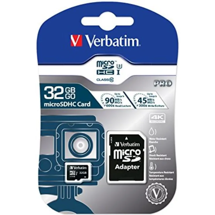 Verbatim Pro U3 Micro-SDHC-Karte 32GB - SD-Karte - Geeignet für 4K-Videoaufnahmen - Wasser- und stoßfest - schwarz