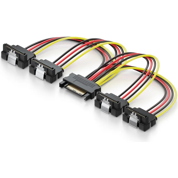 deleyCON 0,15m S-ATA Strom-adapter Y-Adapter - 1x SATA Buchse zu 4x SATA Stecker gewinkelt - Internes HDD / SSD SATA Strom-Kabel - bis zu 4 Geräte mit Strom versorgen - Y SATA-Stromkabel