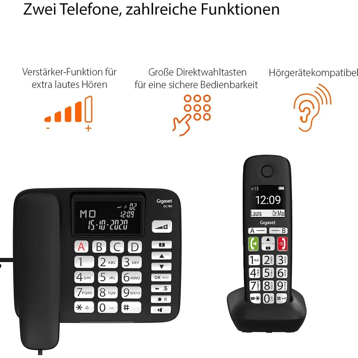 Gigaset DL780 Plus, Schnurgebundenes Telefon & schnurloses Telefon, Kombi-Set, Verstärker-Funktion für extra lautes Hören, hörgerätekompatibel, gemeinsames Telefonbuch, schwarz – Bild 3