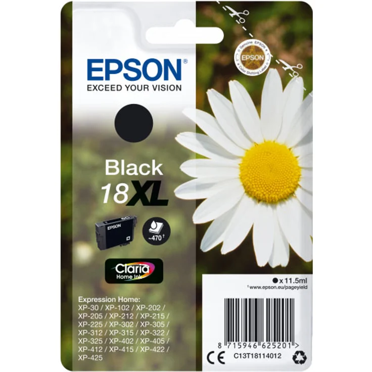 Epson Orginal 18XL Tinte Gänseblümchen, XP-305 XP-402 XP-215 XP-312 XP-315 XP-412 XP-415 XP-225 XP-322 XP-325 XP-422 XP-425, Normalverpackung, XL, (schwarz) – Bild 1