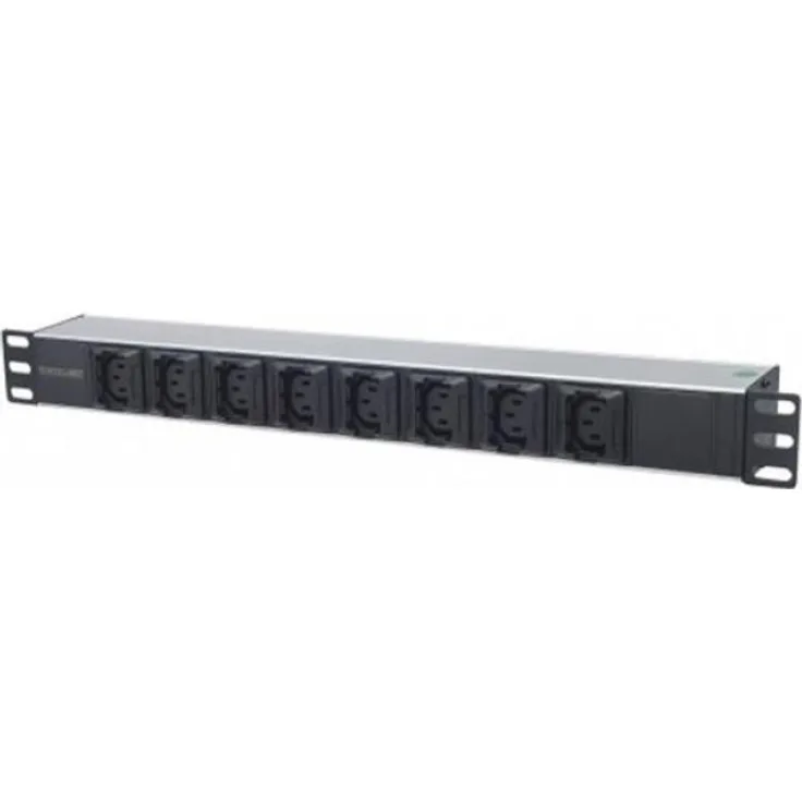 Intellinet 163651 19'' 8-fach Steckdosenleiste C13-Kaltgerätesteckdosen und Kabelklemmen (PDU mit abnehmbarem Stromkabel 2m, rückseitigem C14-Stromeingang) 1 HE schwarz-silber