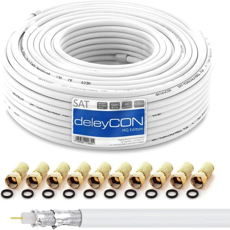 deleyCON HQ 50m SAT Koaxial Kabel 130dB - 4-fach geschirmt für DVB-S - S2 DVB-T und DVB-C - Stahl/Kupfer Innenleiter - 4K 1080p FULL HD HDTV - inkl. 10x vergoldete F-Stecker – Bild 1