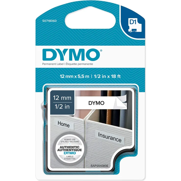 Dymo S0718060 D1-Polyesterband (hochleistungsstarkes, beständiges und selbstklebendes, 1,27 cm) 5,5-Meter-Kassette schwarz auf weiß