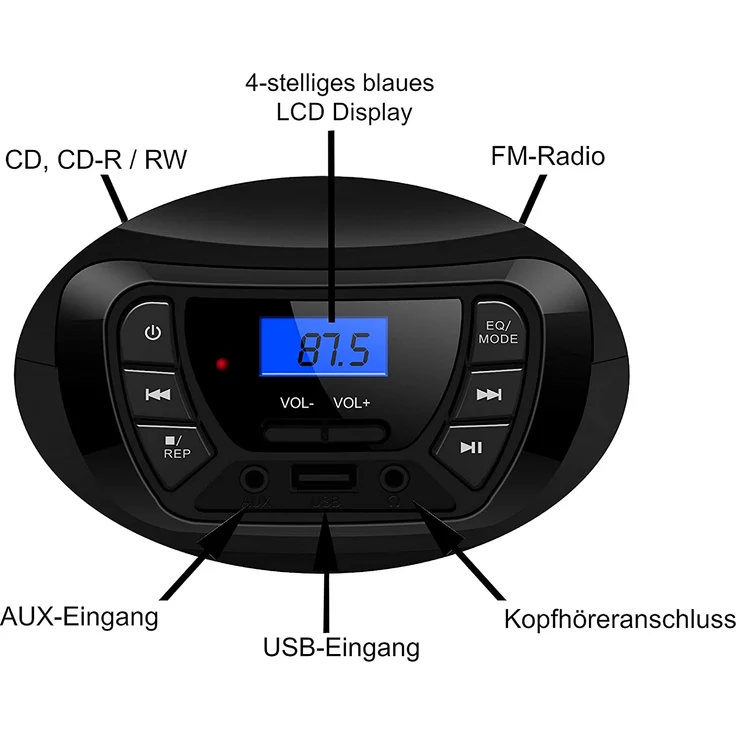Cyberlux CL-600 Tragbarer CD-Player für Kinder, FM, Kopfhöreranschluss, CD-Radio, Dark Knight Black schwarz – Bild 2