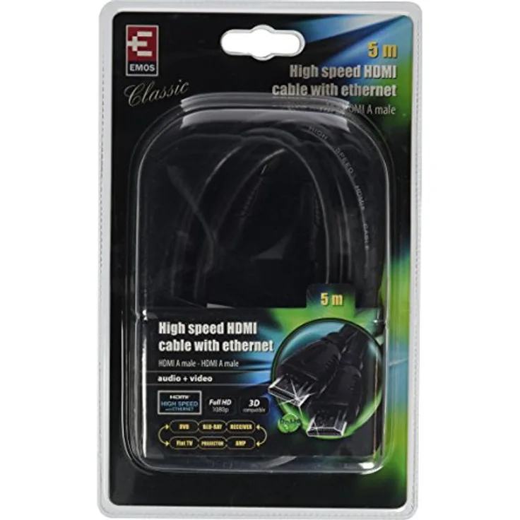 EMOS SB0105 5m 1.4 Hochgeschwindigkeits-HDMI-Kabel mit Ethernet, 5 m, 3D und 4K-Videowiedergabe, ARC Unterstützung, Full HD, 10,2 Gbit-s, Schwarz