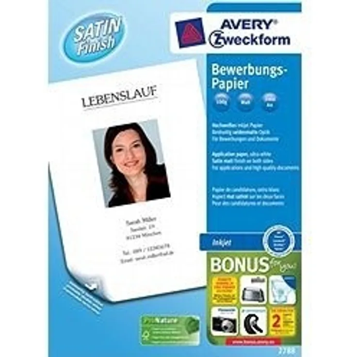 AVERY Zweckform 2788 Inkjet Bewerbungspapier (A4, beidseitig beschichtet, satiniert, 100 g-m², 200 Blatt)