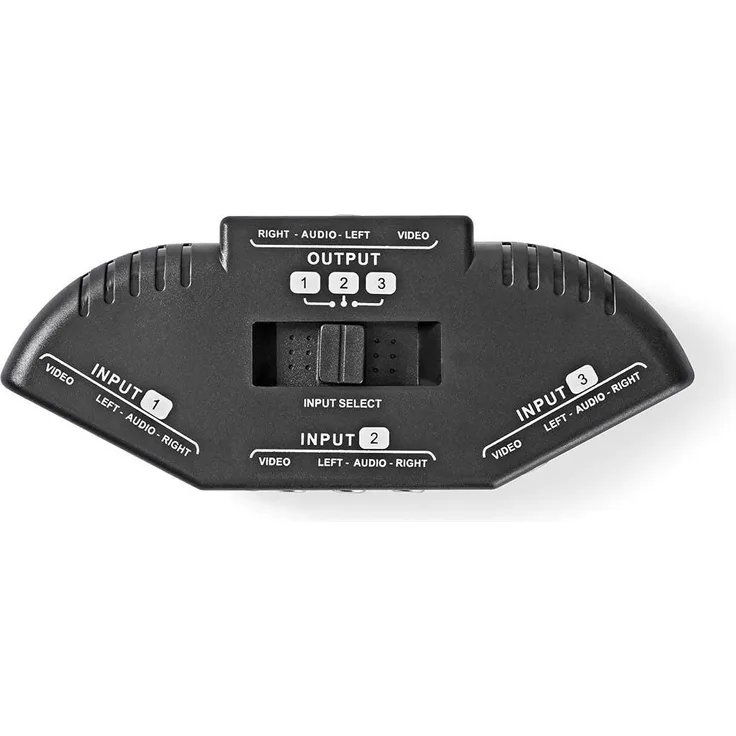 AV-Schalter mit 3 Anschlüssen, 3x Cinch-Eingang (RWY) - 1x Cinch-Ausgang (RWY), Schwarz