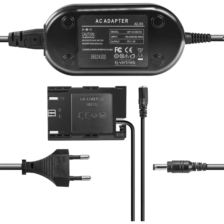 kj-vertrieb Netzteil mit Akkuadapter für Canon ACK-E6 DR-E6 - 8,1V 3A - mit Chip / voll dekodiert - für EOS 5D Mark II III IV, 5DS, 5DSR, 6D, 60D, 7D II, 70D, 80D