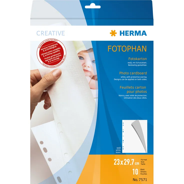 HERMA 7571 Fotophan Fotokarton weiß (23 x 29,7 cm, 10 Blatt, Spezialkarton) mit Schutzblatt aus Pergaminpapier und Eurolochung für Foto-Album und Ordner, beidseitig gestaltbare Fotoblätter