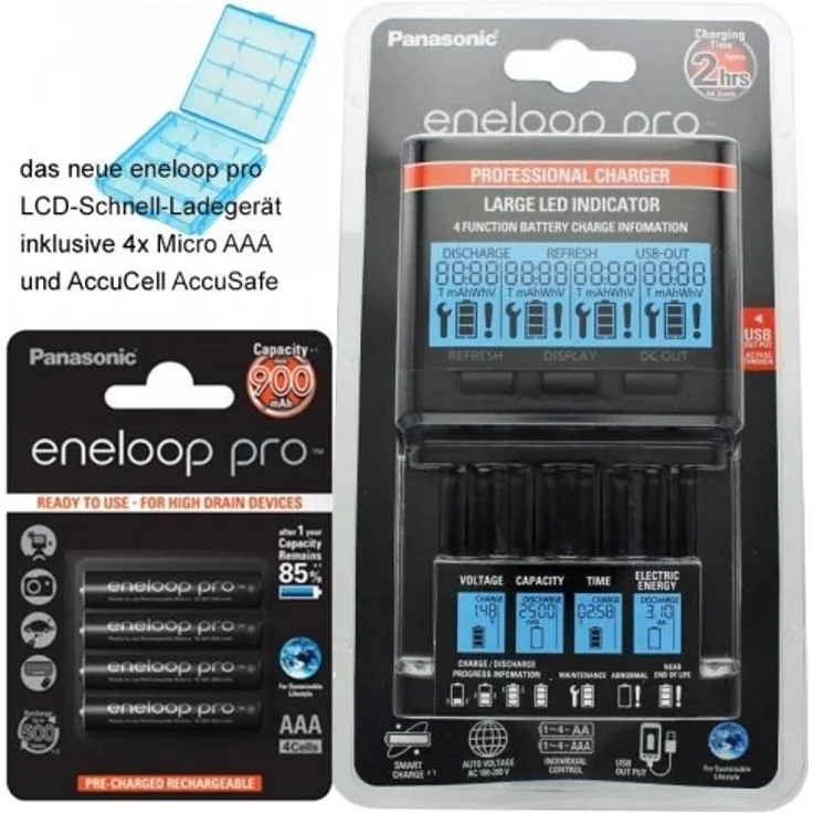 Panasonic eneloop Ladegerät BQ-CC65 inkl. LCD-Display, 4 eneloop pro AAA Micro,