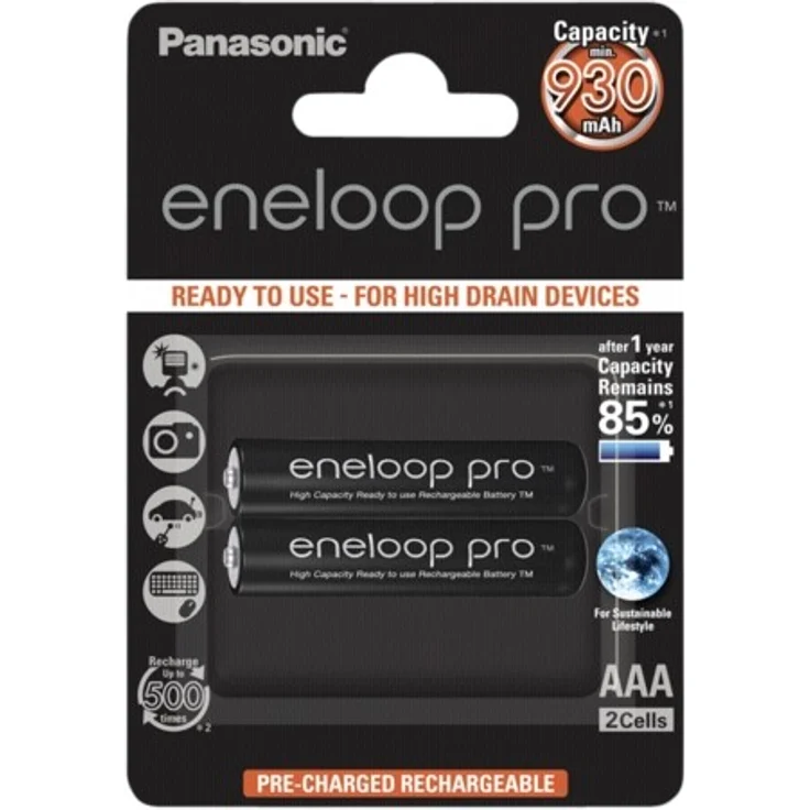 Panasonic eneloop pro, Ready-to-Use Ni-MH Akku, AAA Micro, 2er Pack, min. 930 mAh, 500 Ladezyklen, mit extrastarker Leistung und geringer Selbstentladung, wiederaufladbare Akku Batterie, Akkubatterie – Bild 1