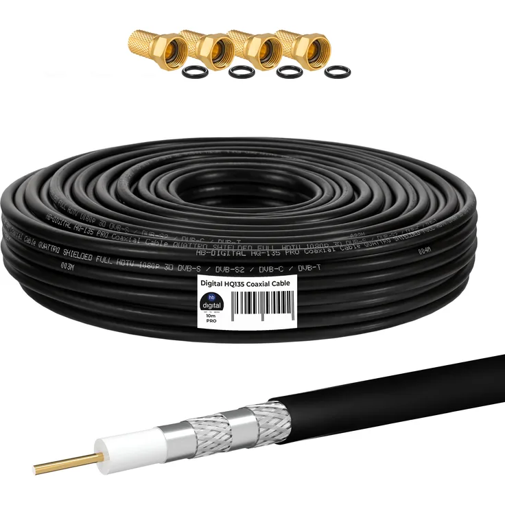 10 m 135 HQ Koaxial Kabel SCHWARZ + 4 x F-Stecker