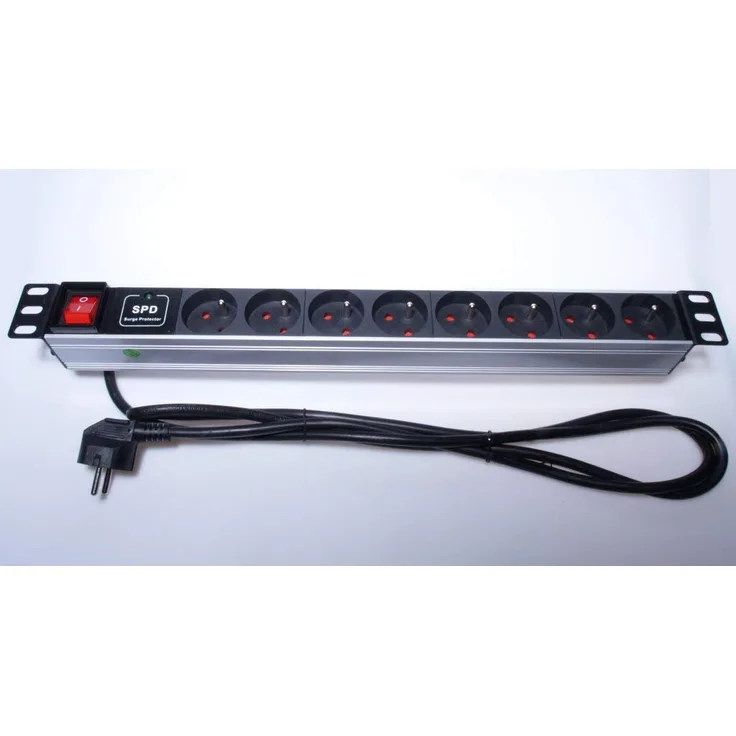 PremiumCord Stromverteiler für 19'' Rack 1U, 8x230V, Power Distribution Unit, 2m Kabel, Überspannungsschutz, Schalter