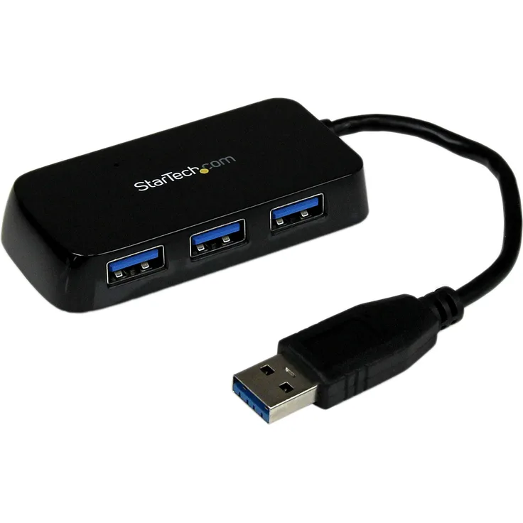 StarTech.com 4 Port USB 3.0 SuperSpeed Hub - Schwarz - Portabler externer Mini USB Hub mit eingebautem Kabel