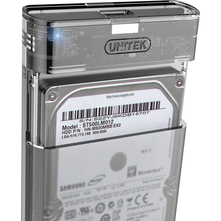 UNITEK Festplattengehäuse für 2,5 Zoll HDD-SSD SATA I-II-III Festplatten, Externe Festplatteschutz, mit eingebautes 3.0 Kabel, werkzeuglose Montage, transparent