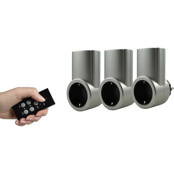 REV FUNKSTECKDOSEN Set 4-teilig ǀ 3 Funkschalt-Steckdosen plus Fernbedienung ǀ 30 m Reichweite mit Kindersicherung ǀ für den Innenbereich ǀ Farbe: Silber - schwarz