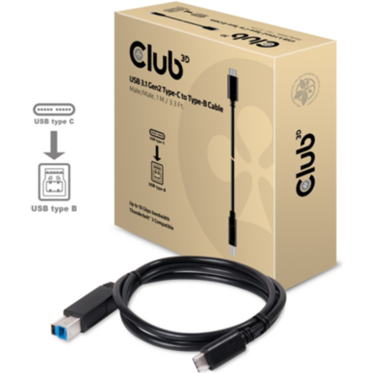 Club 3D CAC-1524 USB 3.1 G2 Type-C Stecker auf Type-B Stecker Kabel, 1m schwarz