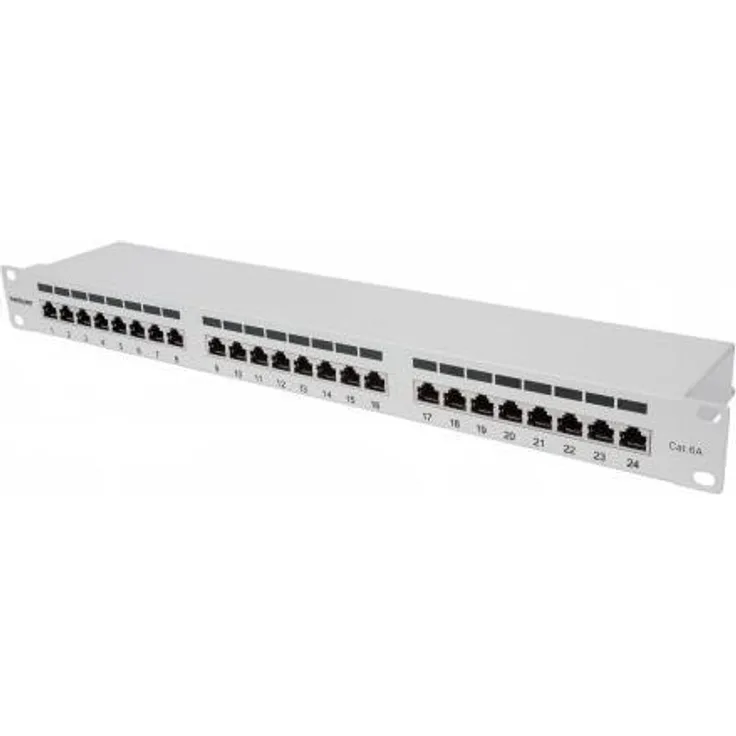 Intellinet 720854 24-Port Cat6a Patchpanel, geschirmt FTP, 1 HE, Klemmleisten mit 90 Grad abgewinkelten Kabeleinführungen, Grau