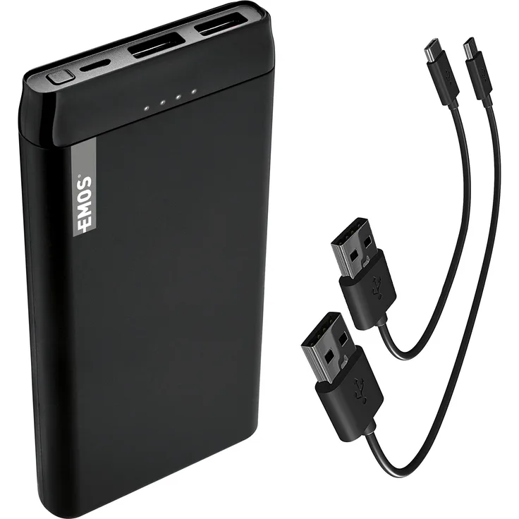EMOS Alpha Slim Powerbank 10000mAh mit USB-C und Micro USB Kabel, Externer Akku-Ladegerät mit PASSthrough, Ausgang 2X USB, Eingang Micro USB, Auto ON-Off, für Handy, Tablet, iPhone, Galaxy, Huawei