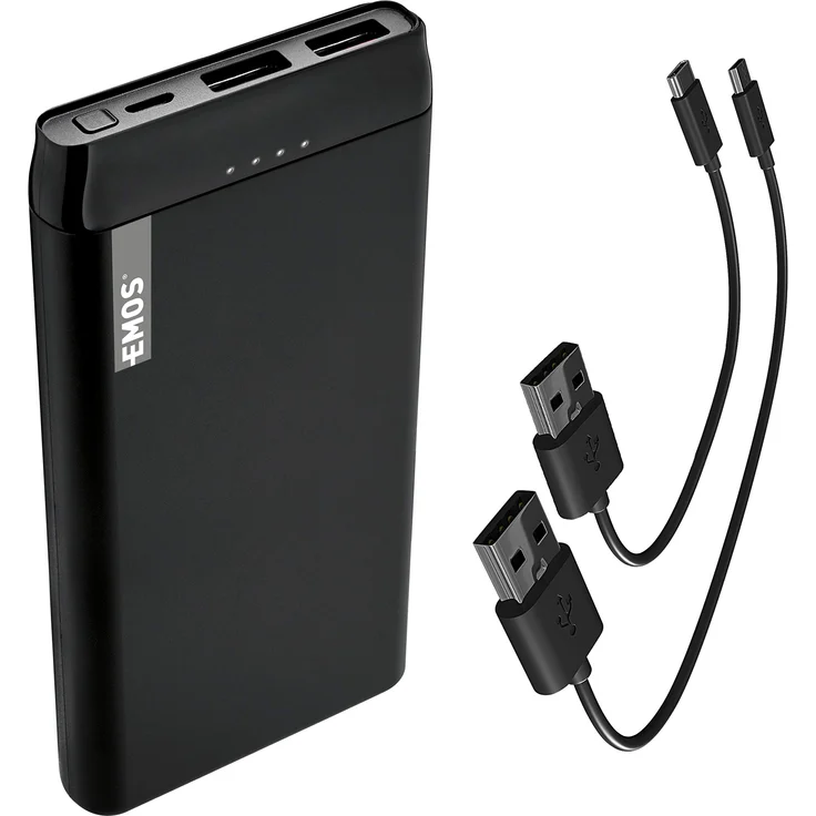 EMOS Alpha Slim Powerbank 10000mAh mit USB-C und Micro USB Kabel, Externer Akku-Ladegerät mit PASSthrough, Ausgang 2X USB, Eingang Micro USB, Auto ON-Off, für Handy, Tablet, iPhone, Galaxy, Huawei