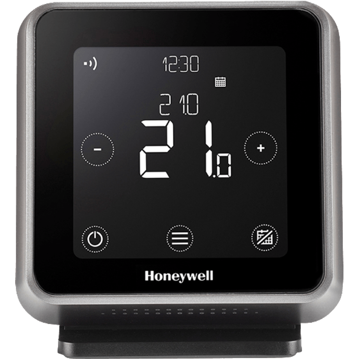 Honeywell Home T6R Wi-Fi Raumthermostat mit Tischhalter, Netzteil und Funk-Empfängerbox, schwarz, Y6R910RW8021