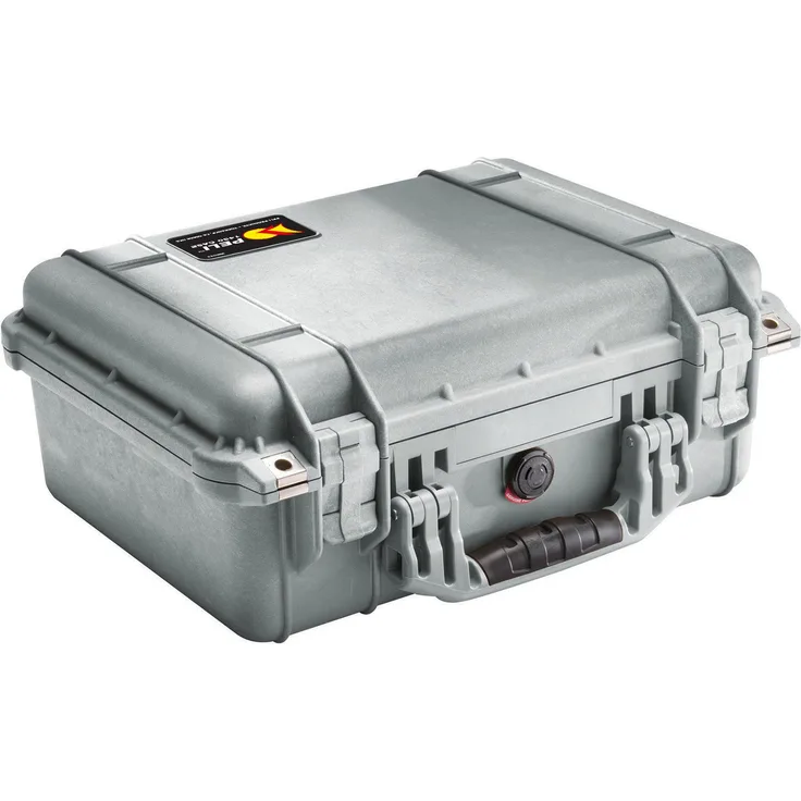 PELI 1450 Stoßfester Polypropylen Koffer für Empfindliches Equipment , IP67 Wasserdicht, 15L Volumen, Hergestellt in Deutschland Kein Schaum, Silber