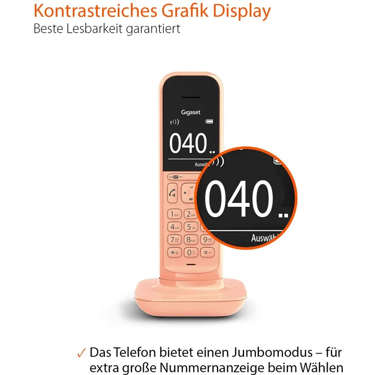 Gigaset CL390A schnurloses Design-Telefon mit Anrufbeantworter, DECT Telefon mit Freisprechfunktion, großem Grafik Display, leicht zu bedienen mit intuitiver Menüführung, Cantaloupe, Analog-Telefon, orange – Bild 3