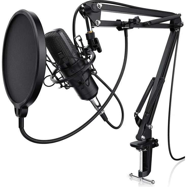 LIAM & DAAN Kondensatormikrofon Mikrofonarm - Studiomikrofon Set - Großmembran Kondensatormikrofon Mikrofonarm und Spinne - Popschutz 2,5m 3,5mm Klinke zu XLR Kabel - neues Modell