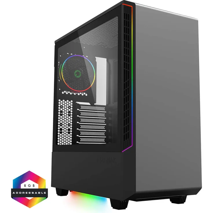 GameMax Black Panda ARGB Mid-Tower PC-Gaming-Gehäuse, E-ATX, 3-Pin Aura Sync, 1 x 120 mm ARGB-Lüfter im Lieferumfang enthalten, 3 x ARGB-LED-Streifen, ARGB-Hub, Wasserkühlung, Schwarz