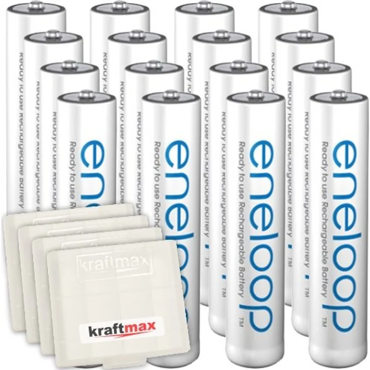 Kraftmax 16er-Pack Panasonic Eneloop AAA / Micro Akkus Neueste Generation Hochleistungs Akku Batterien in Kraftmax Akkuboxen V5, 16er Pack