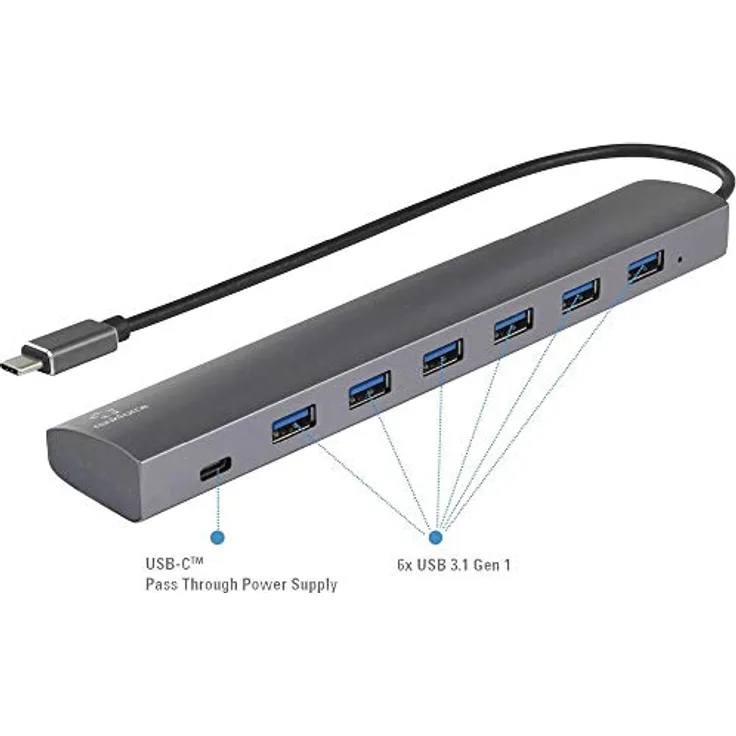 Renkforce 6+1 Port USB 3.1-Hub mit Pass-Through Stromanschluss, mit Aluminiumgehäuse Silber (RF-3374946)