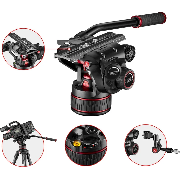 Manfrotto Nitrotech 612 Fluid-Videokopf für DSLRs, Spiegellose, Video und Cinema Kameras, Stufenloses Counterbalance-System(Gewichtsausgleich) 4-12kg, Variables Fluid-Friktionssystem, 12kg Traglast
